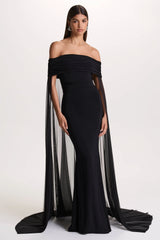Carlotta | Black Bardot Maxi Dress With Chiffon Cape
