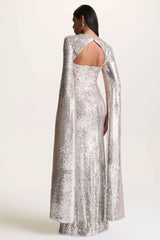 Devora | Silver Sequin Crew-Neck Maxi Dress With Cape Sleeves