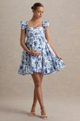 Dolly Daze | Blue Floral Print Ruffle Sleeve Babydoll Maternity Mini Dress