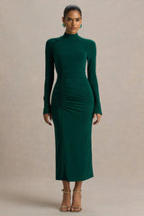 Cassandra | Bottle Green High-Neck Long-Sleeve Midi Dress