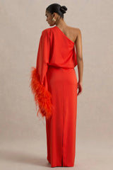 Felicity | Orange Satin Asymmetric-Neck Maxi Dress With Feather Detailing