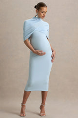 Augustina | Powder Blue Maternity Midi Dress With Cape