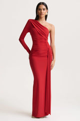 Anne | Red Asymmetric-Neck Wrapped Maxi Dress With Sash