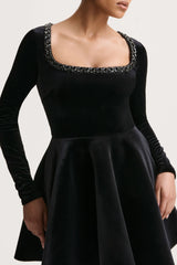 Beloved | Black Velvet Embellished Square-Neck Mini Dress