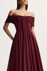 Dearest | Burgundy Bardot-Neck Midi Dress