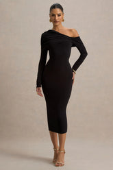 Cleo | Black Bodycon Midi Dress With Mesh Sleeves