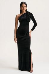 Farryn | Black Asymmetric-Neck Maxi Dress With Bow Detail