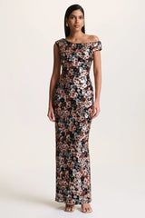 Electric | Black Velvet & Embellished Sequin Floral Asymmetric-Neck Maxi Dress