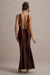 Amelita | Brown Satin Cowl-Neck Maxi Dress