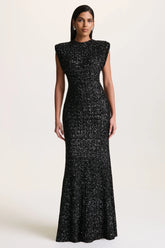 Aurah | Black Sequin Crew-Neck Maxi Dress With Cap Sleeves