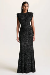 Aurah | Black Sequin Crew-Neck Maxi Dress With Cap Sleeves