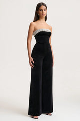 Emelie | Black Velvet Hand-Embellished Bandeau Jumpsuit