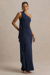 Adelina | Navy One-Shoulder Maxi Dress With Drape