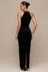 Darya | Black Velvet Embellished High-Neck Maxi Dress