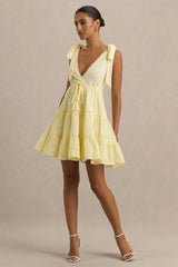Corrina | Lemon Broderie Plunge-Neck Mini Dress
