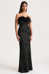 Daze | Black Sequin Bandeau Maxi Dress With Feather-Trim