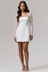 Bijou | White Square-Neck Lace Long-Sleeve Mini Dress