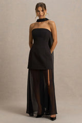 Chessa | Black Slashed-Neck Maxi Dress With Sheer Cape