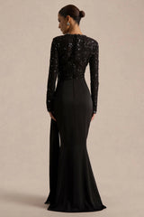 Beau | Black Lace High-Neck Maxi Dress With Draped Detail