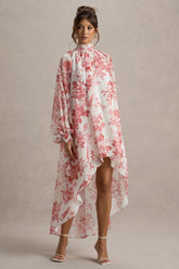 Delphia | Pink Porcelain Print High-Neck Maxi Dress With High-Low Hem