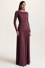 Aniyah | Burgundy Slashed-Neck Maxi Dress With Ruched Detailing