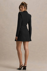 Blossoming | Black Plunge-Neck Tailored Mini Dress With Pleating