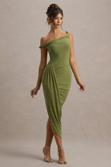 Angelique | Olive Green Twisted Asymmetric Maxi Dress