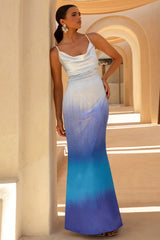 Fiji | Blue Ombre Satin Cowl-Neck Strappy Slip-Maxi Dress