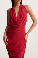 Cairo | Red Cowl-Neck Maxi Dress With Gathered Detailing
