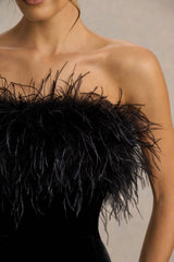 Arella | Black Velvet Bandeau Maxi Dress With Feather Trim