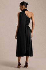 Caluna | Black Satin Asymmetric-Neck Midi Dress With Scarf-Detail