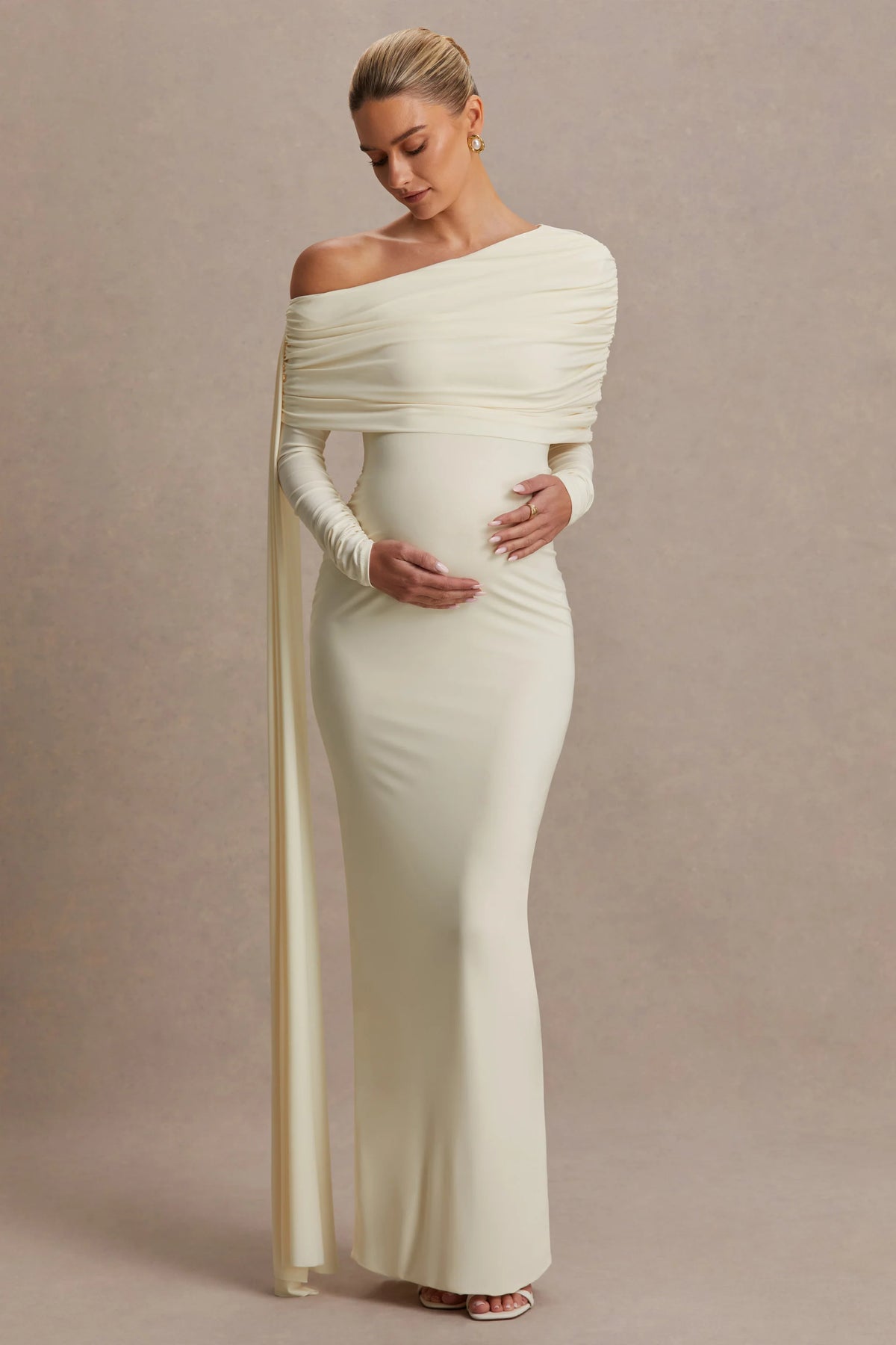 Cyra | Cream Asymmetric-Neck Maternity Maxi Dress With Sash