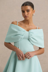 Faria | Light Blue Short-Sleeve Bardot Mini Dress With Bow Detail