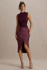All Yours | Dark Cherry Satin High-Neck Wrap Midi Dress