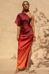 Coralie | Red and Orange Ombre Satin Asymmetric Maxi Dress