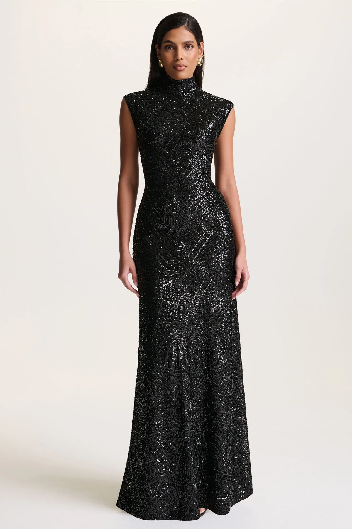 Cecy | Black Sequin High-Neck Maxi Dress With Cap Sleeves