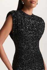 Aurah | Black Sequin Crew-Neck Maxi Dress With Cap Sleeves