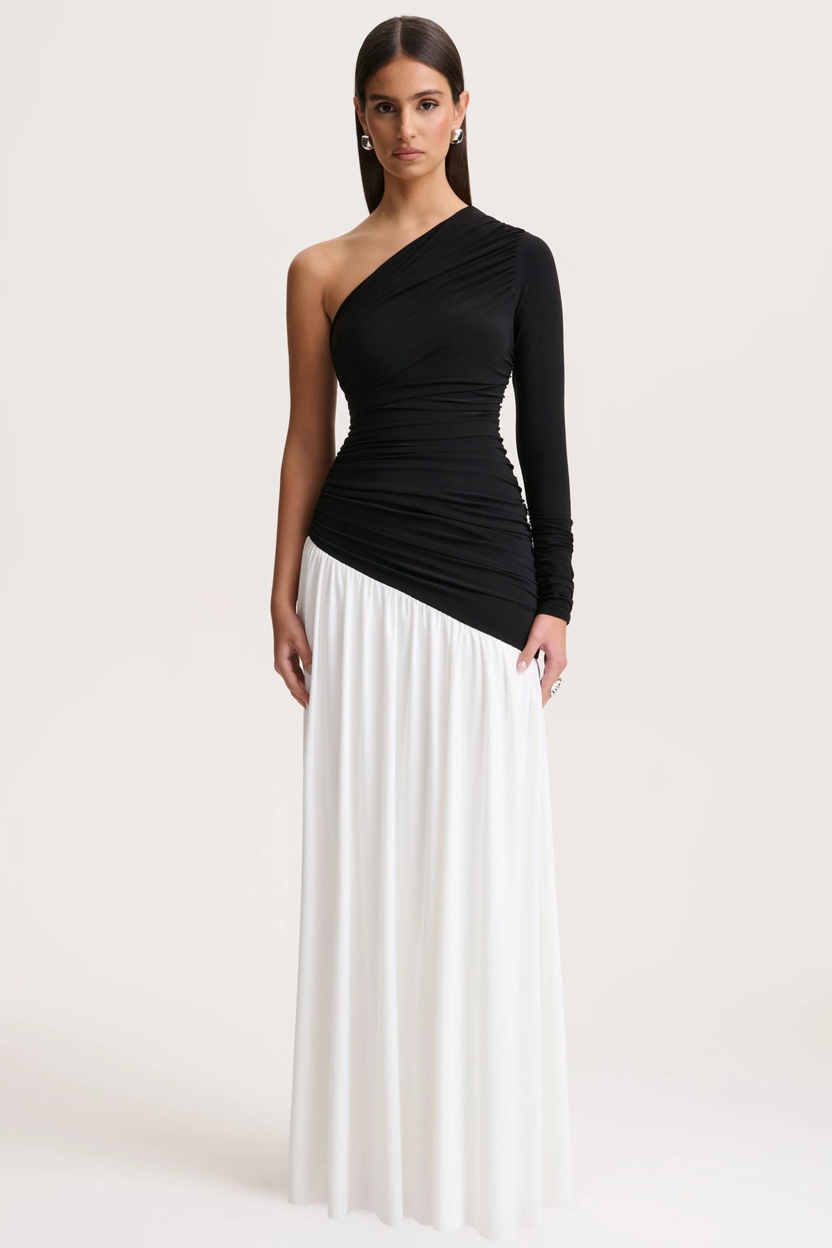 Danila | Black And White Asymmetric-Neck Maxi Dress With Drop-Waist