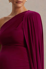 Amaryllis | Berry Maternity One Shoulder Maxi Dress with Cape Sleeve