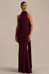 Cordy | Burgundy High-Neck Maxi Dress With Scarf-Detail