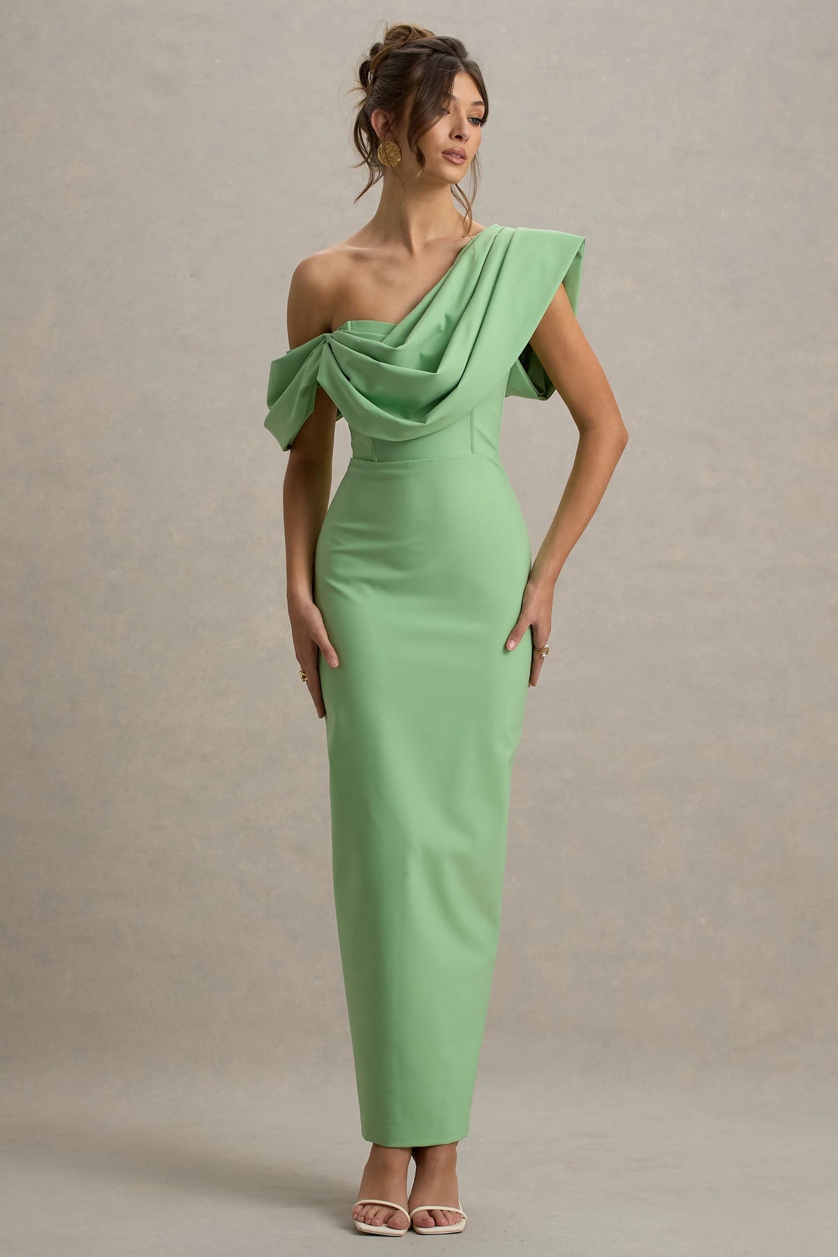 Angelina | Green Draped Shoulder Maxi Dress