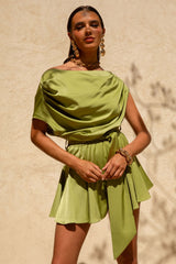 Clydie | Olive Satin Asymmetric Playsuit With Tie-Waist