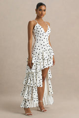 Bogota | Polka Dot Plunge-Neck Maxi Dress With Ruffling Details And Front High Split