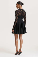 Elowen | Black Square-Neck Mini Dress With Lace-Sleeves