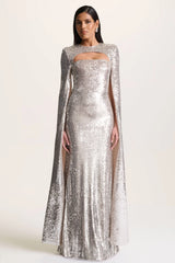 Devora | Silver Sequin Crew-Neck Maxi Dress With Cape Sleeves