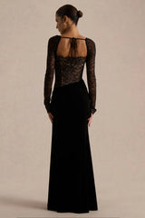 Finesse | Black Lace And Velvet Square-Neck Maxi Dress With Draped Skirt