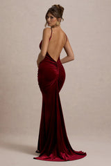 Adele | Berry Velvet Ruched Strappy Fishtail Maxi Dress