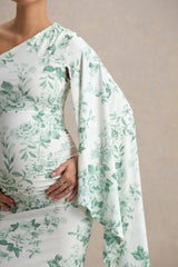 Aliana | Green Porcelain Print Asymmetric Maternity Maxi Dress With Ruched Detailing