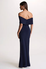 Eva | Navy Bardot Bow Detail Maxi Dress With Thigh Split