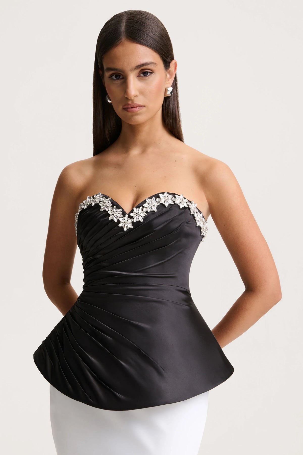Ambria | Black Satin Hand-Embellished Sweetheart-Neck Corset Top